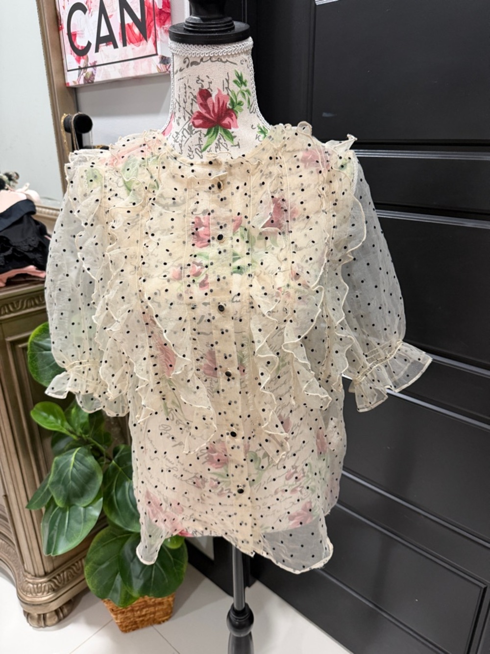 Zara Cream Sheer Polka Dot Blouse with Pink Floral Print - Picture 5 of 11